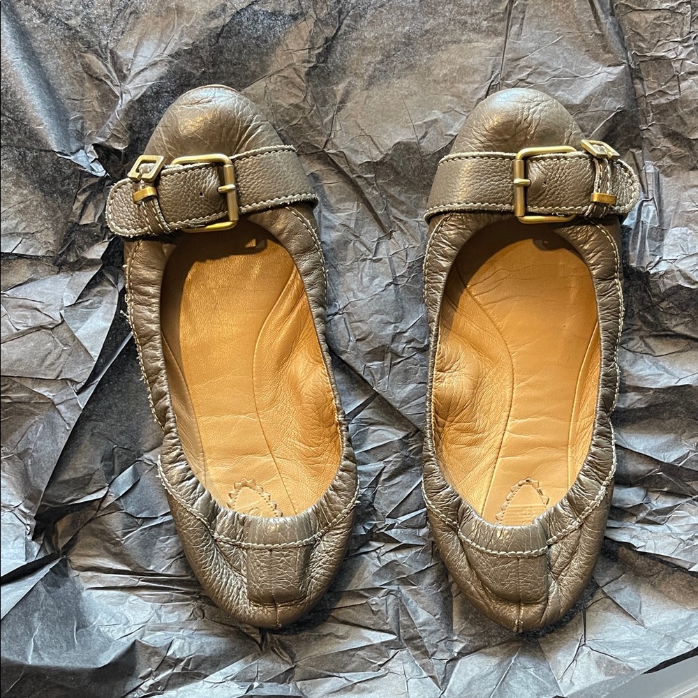 Chloe Taupe Leather Flats with Gold Buckle